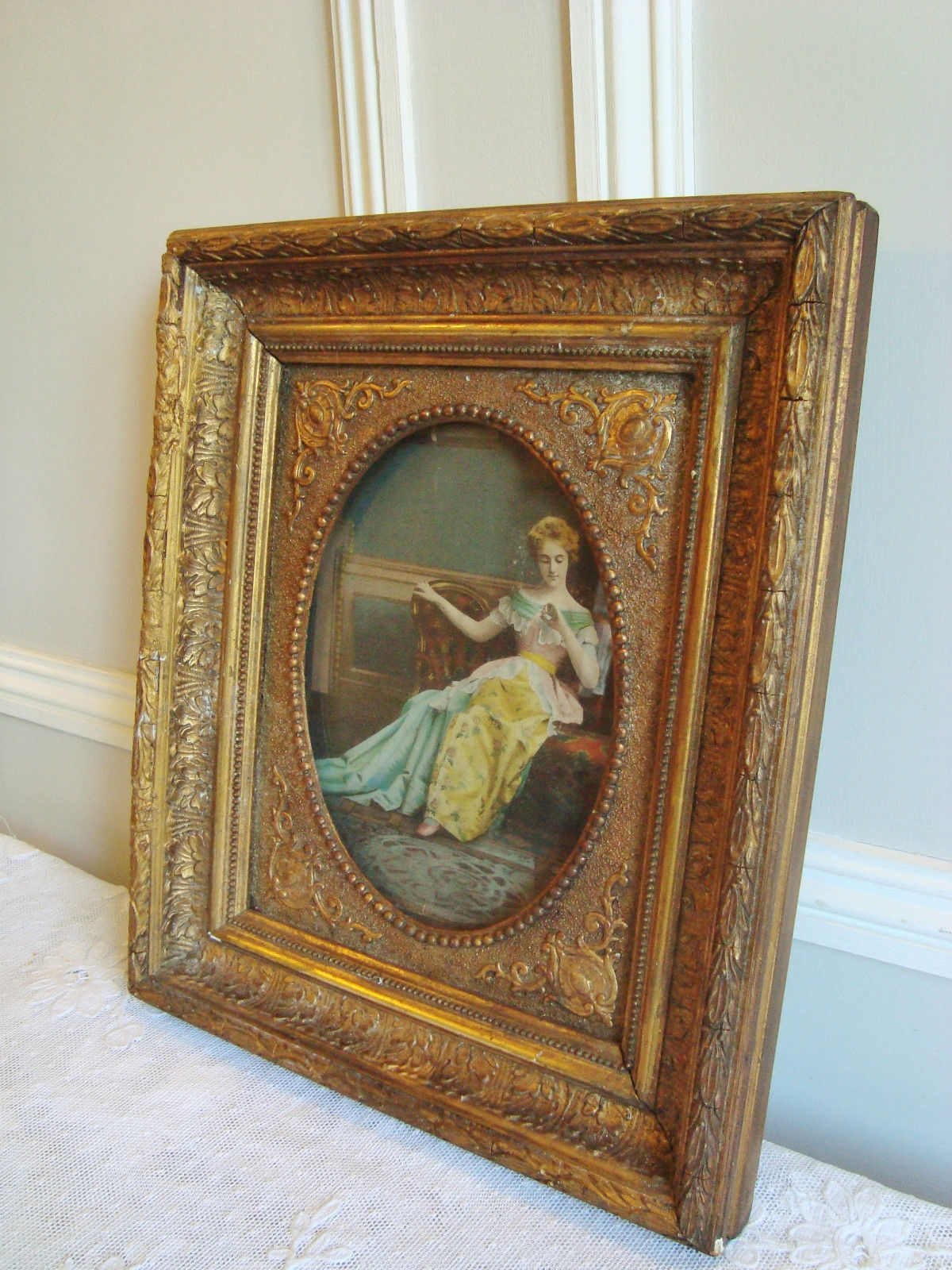 BEAUTIFUL ANTIQUE FRENCH WOOD PICTURE FRAME FRAMED PRINT CIRCA 1900 WOODEN