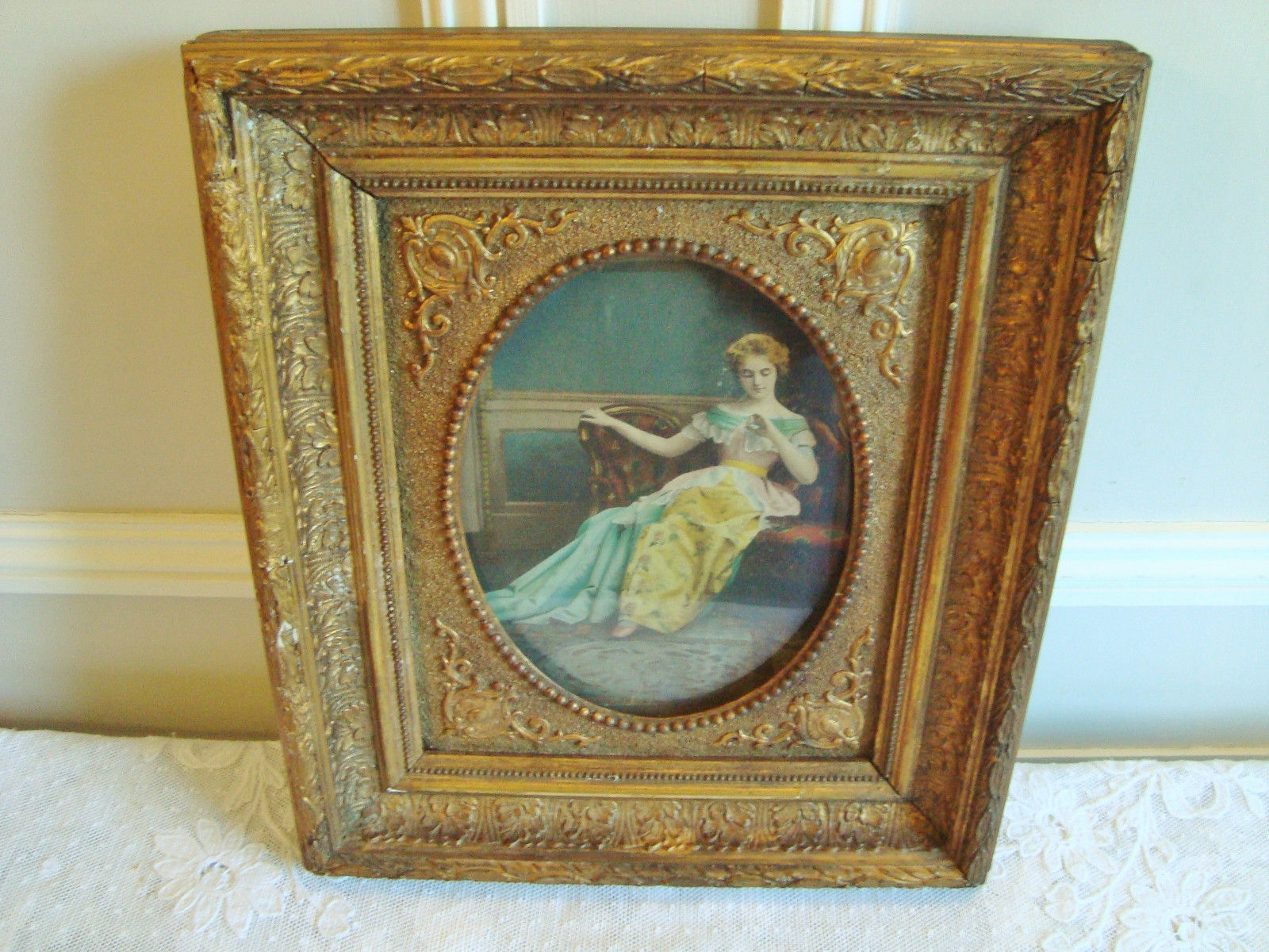 BEAUTIFUL ANTIQUE FRENCH WOOD PICTURE FRAME FRAMED PRINT CIRCA 1900 WOODEN