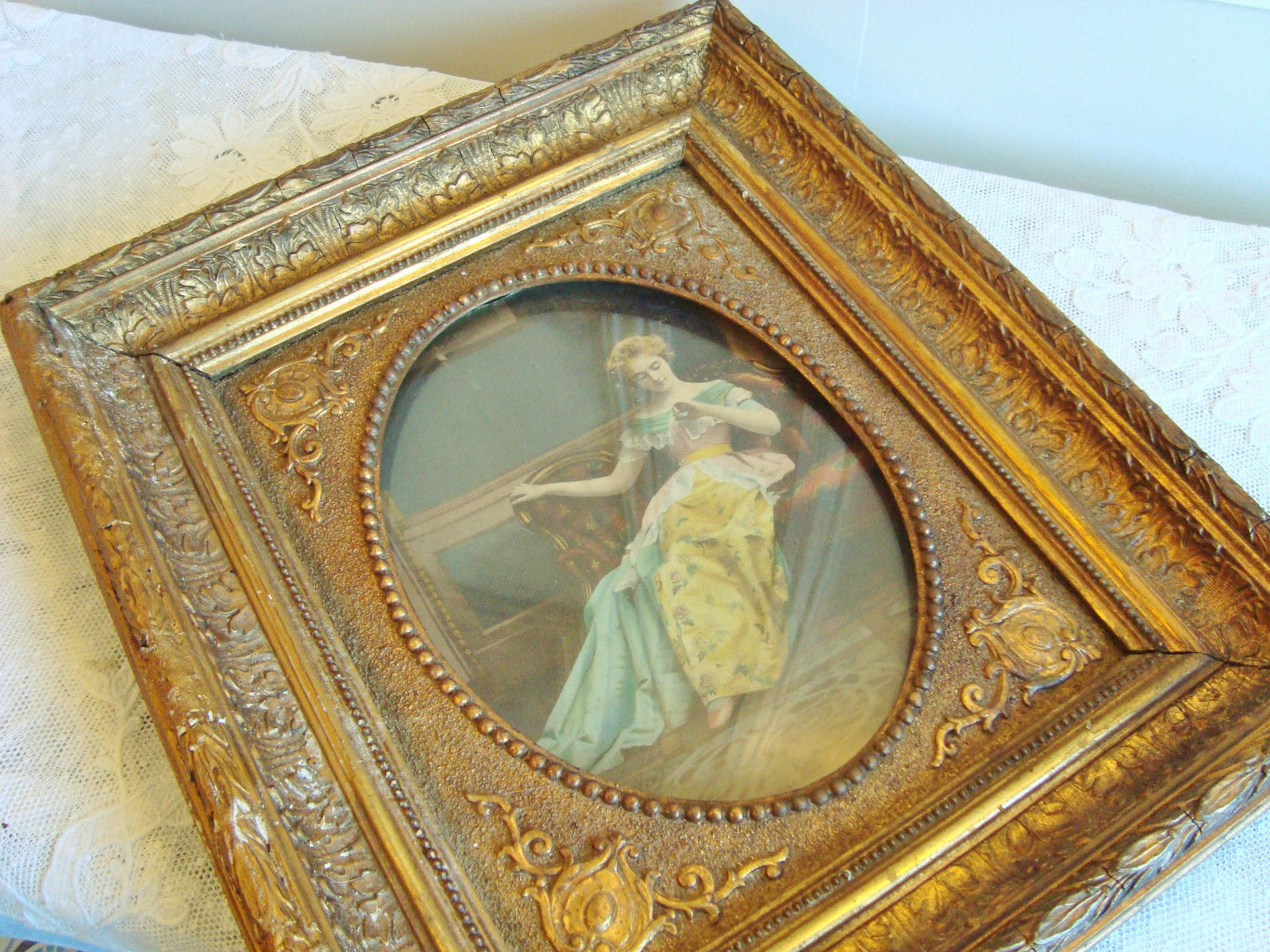 BEAUTIFUL ANTIQUE FRENCH WOOD PICTURE FRAME FRAMED PRINT CIRCA 1900 WOODEN