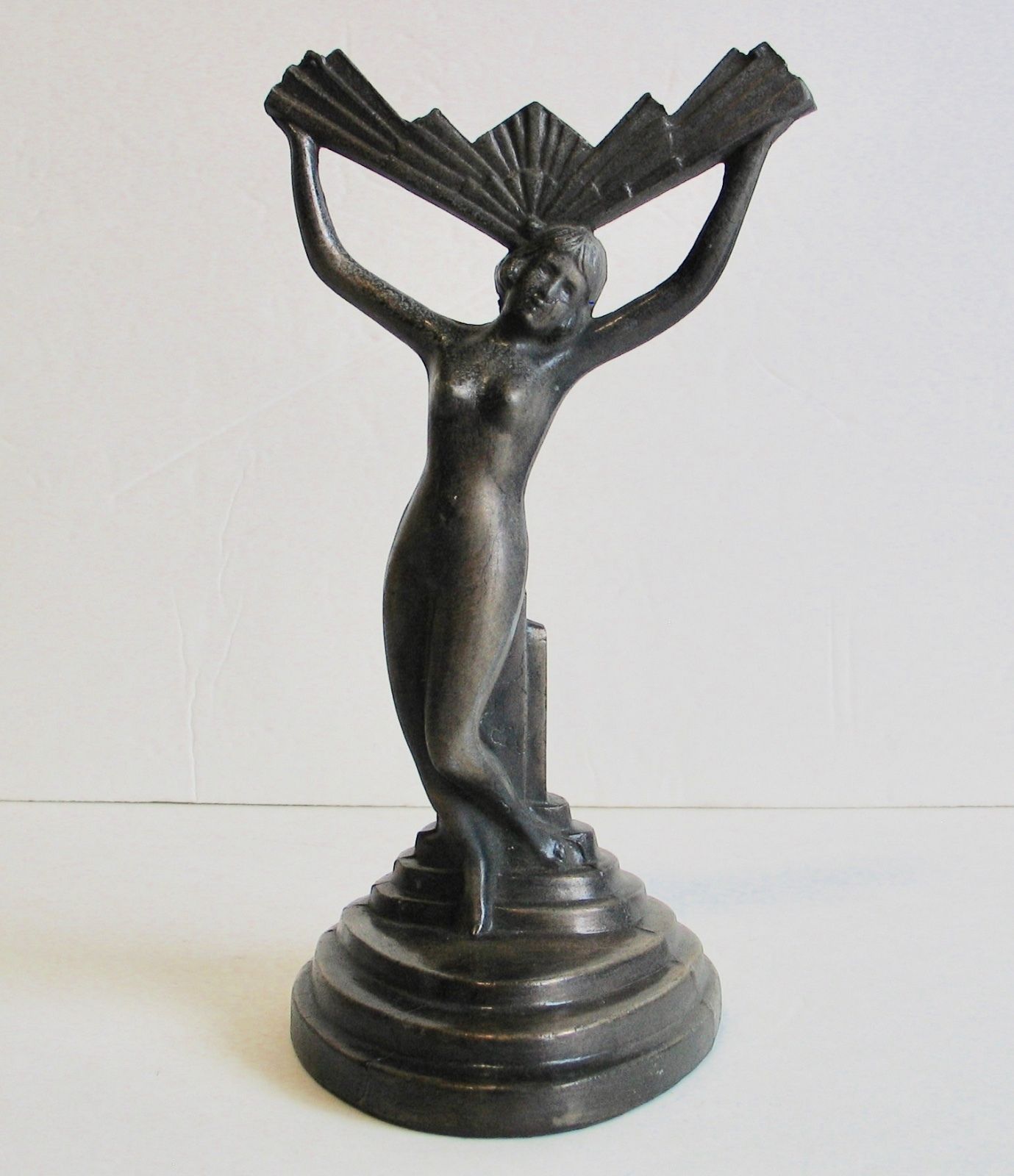 Vintage Art Deco Nouveau Table Lamp Base Nymph Lady Fan Shade Cast Metal