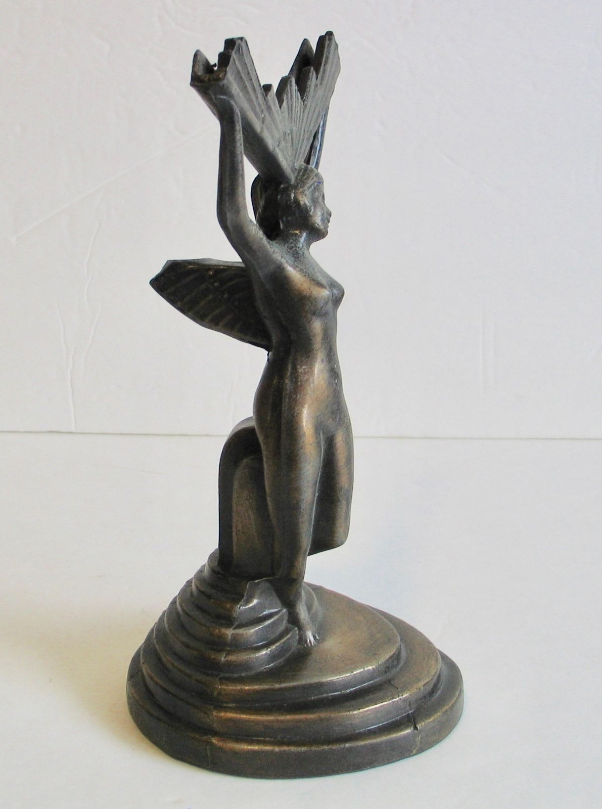 Vintage Art Deco Nouveau Table Lamp Base Nymph Lady Fan Shade Cast Metal