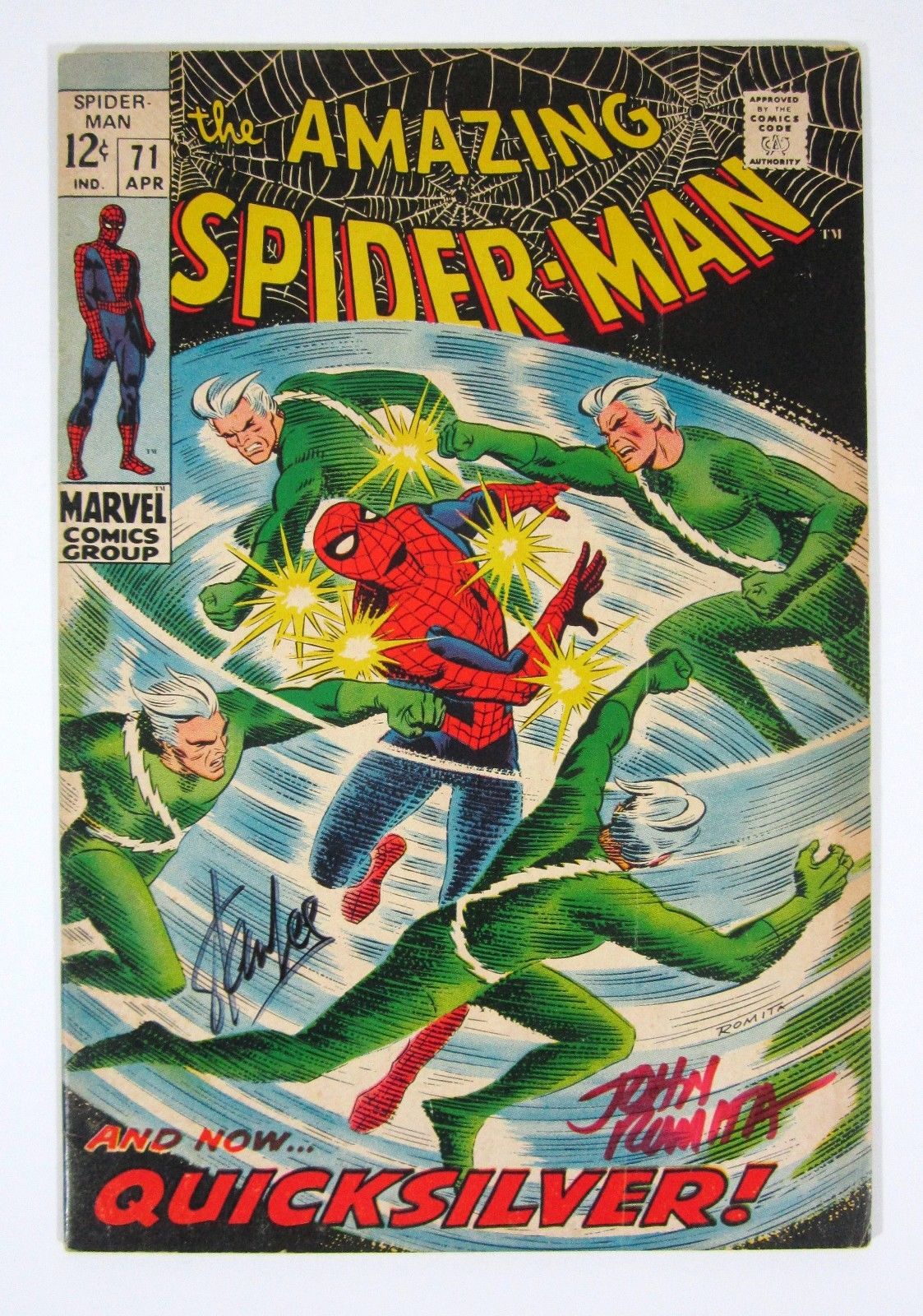 Amazing Spider Man #71 1st App of Quicksilver Signed by Stan Lee & John Romita