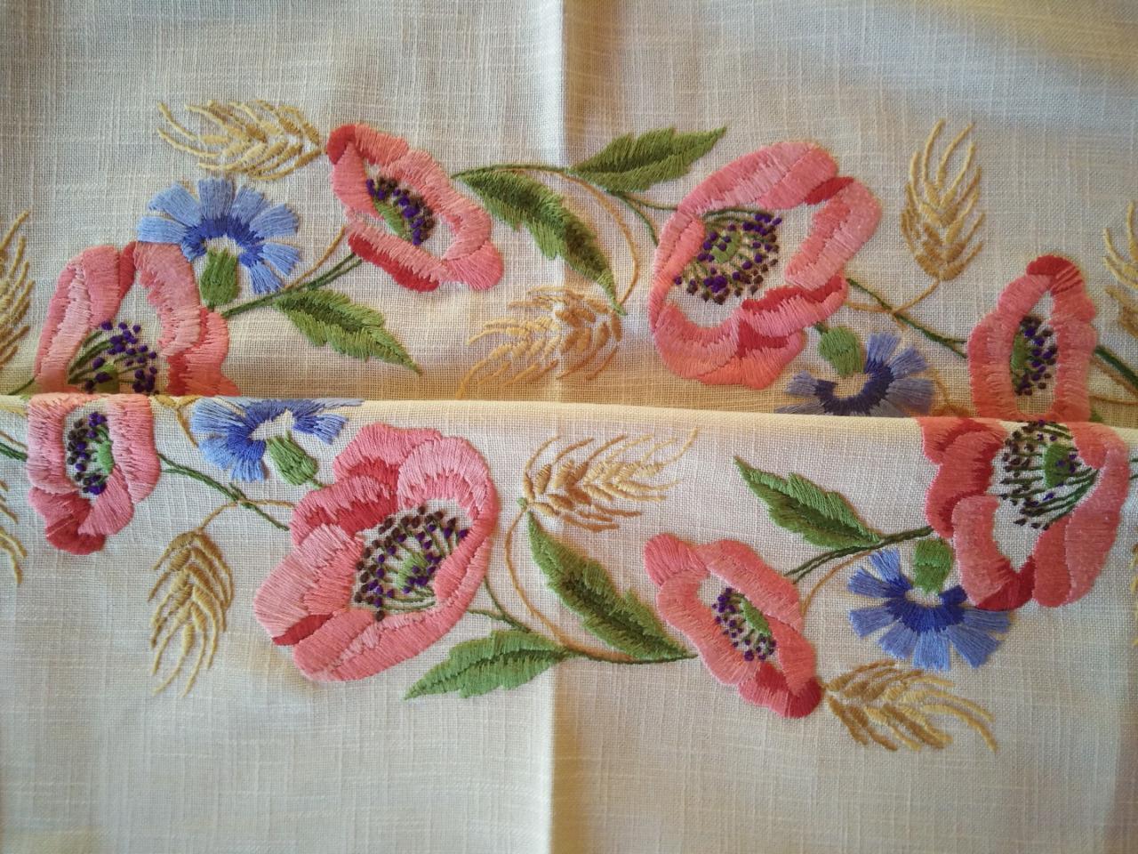 Red Poppy/Blue Cornflower & Wheat Circle ~ Vintage Hand Embroidered Tablecloth