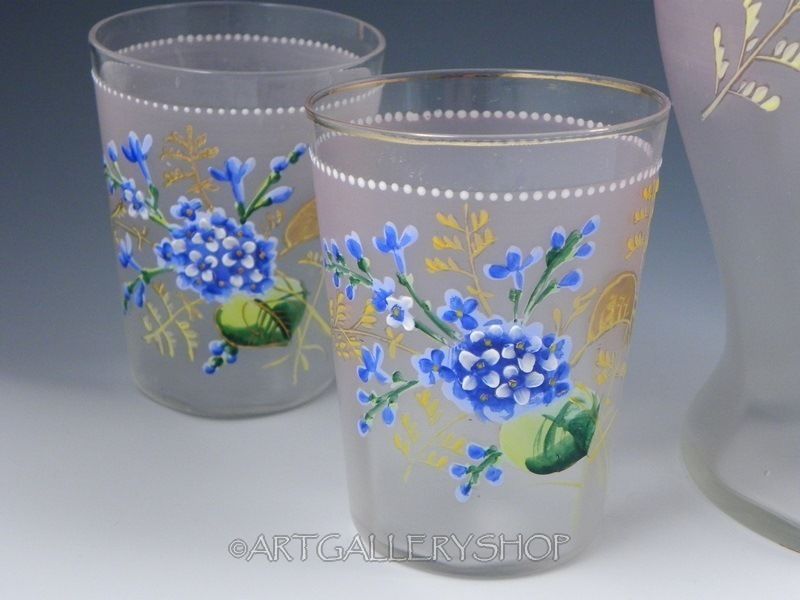 Antique Victorian PITCHER HAND PAINTED ENAMEL FLOWERS 5 TUMBLERS Lemonade Set