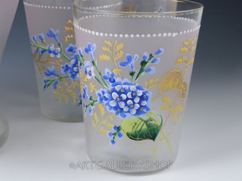 Antique Victorian PITCHER HAND PAINTED ENAMEL FLOWERS 5 TUMBLERS Lemonade Set