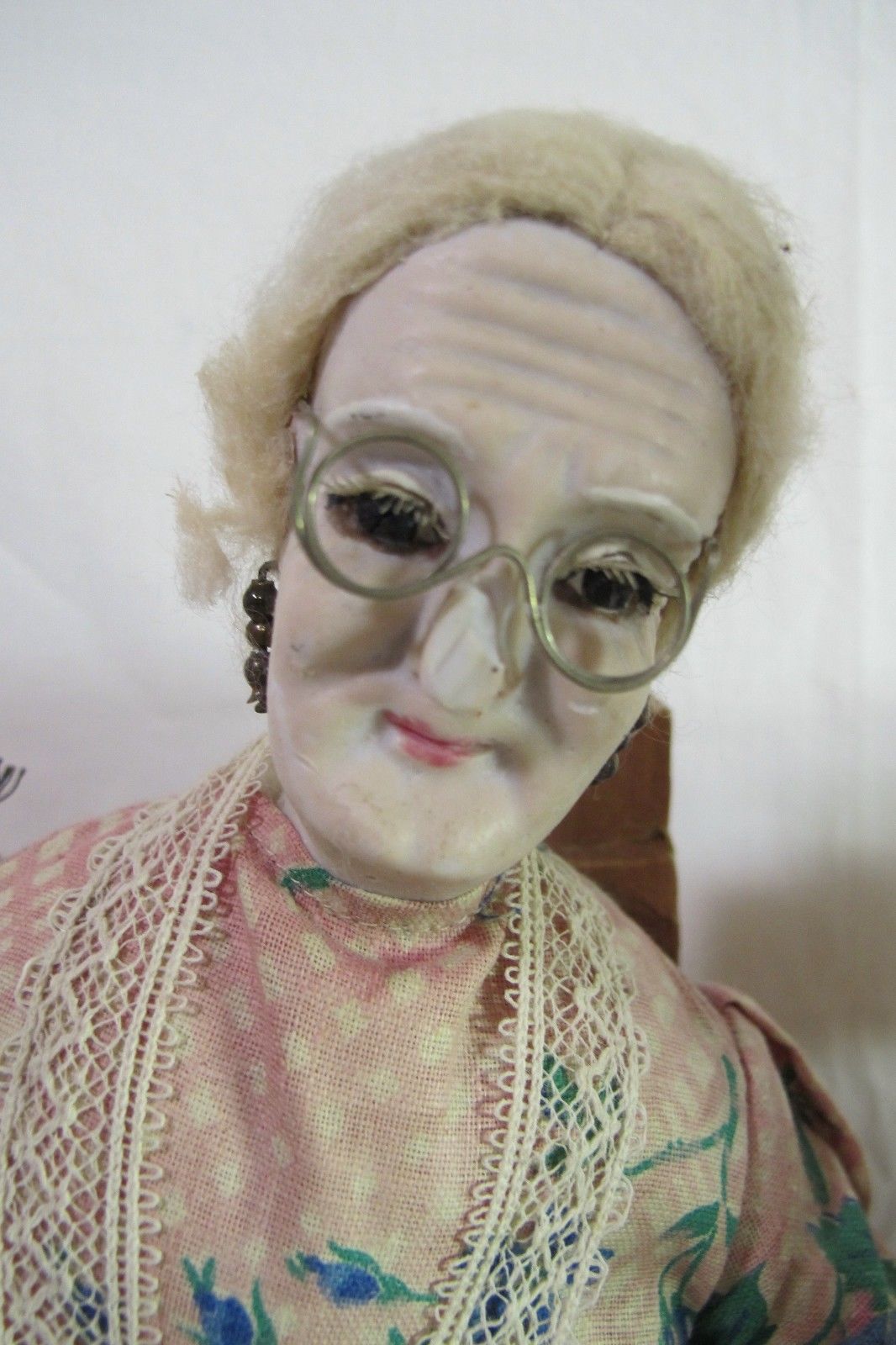 Antique American Folk Art Wax Head Bisque Hands GRANDMA, GRANDPA DOLLS, 12" Tall