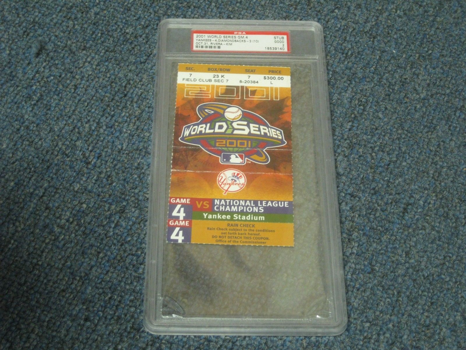 2001 World Series Game 4 Ticket Stub Diamondbacks vs Yankees  PSA Encap