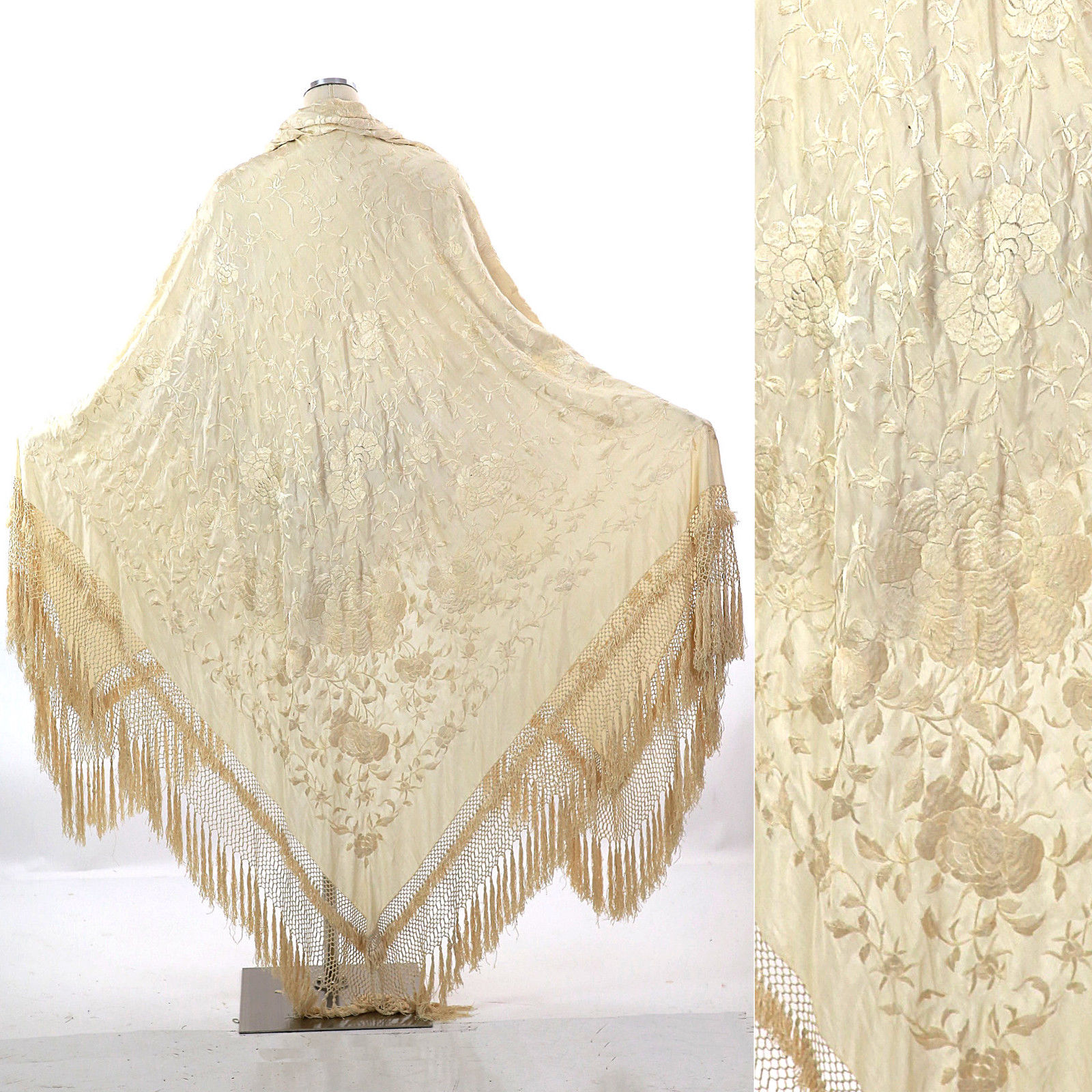 Antique Victorian large heavily embroidered floral silk piano shawl cream white