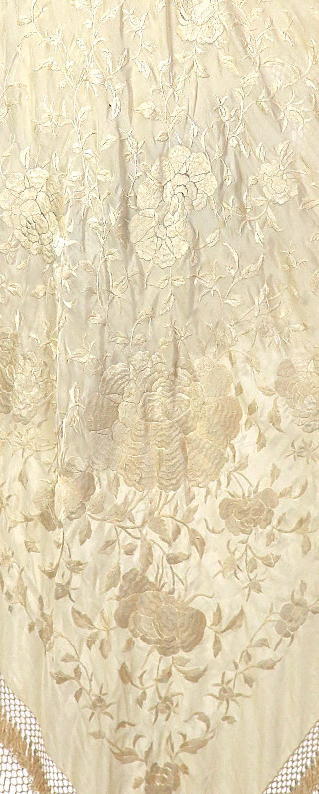 Antique Victorian large heavily embroidered floral silk piano shawl cream white