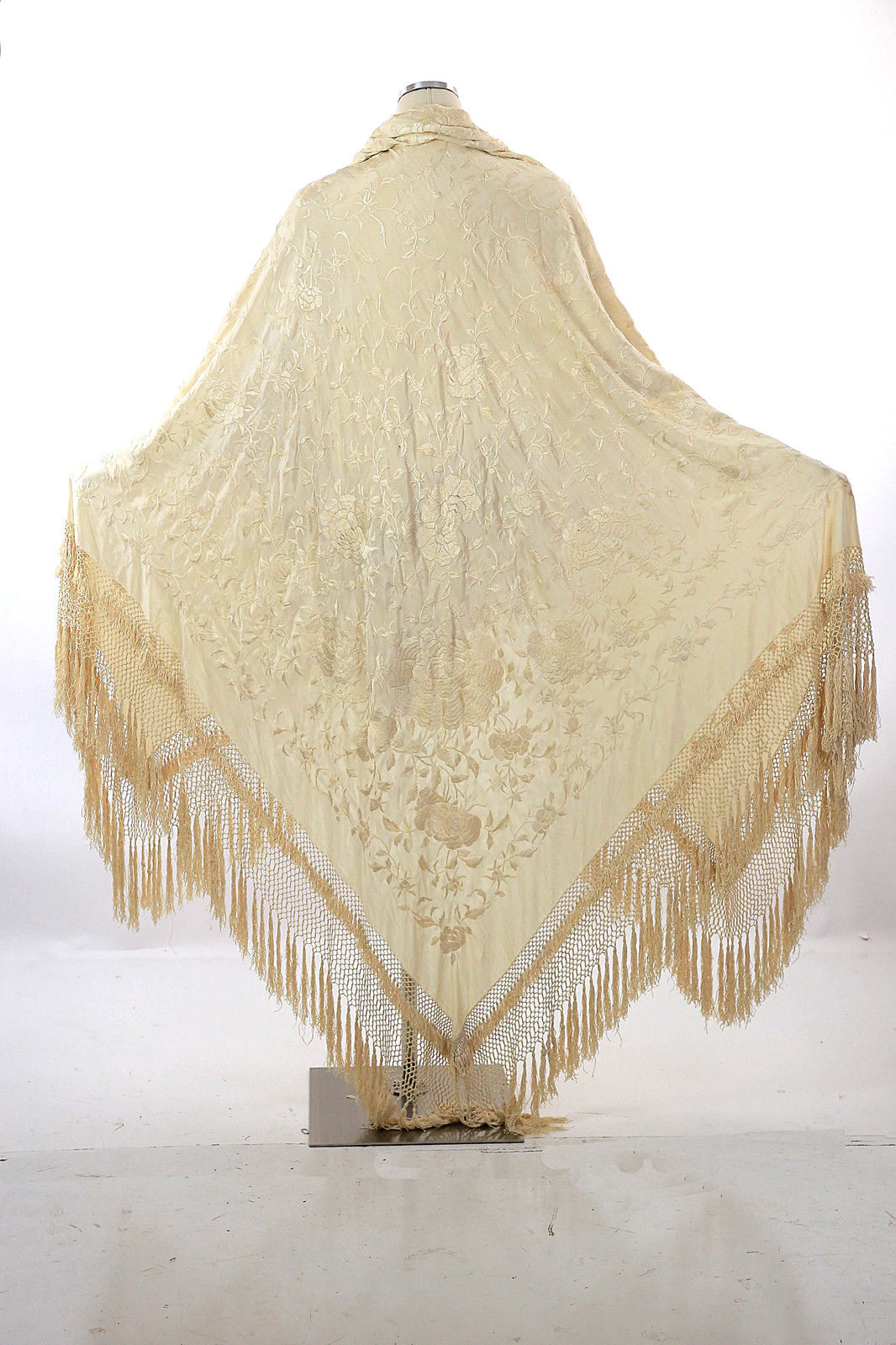 Antique Victorian large heavily embroidered floral silk piano shawl cream white