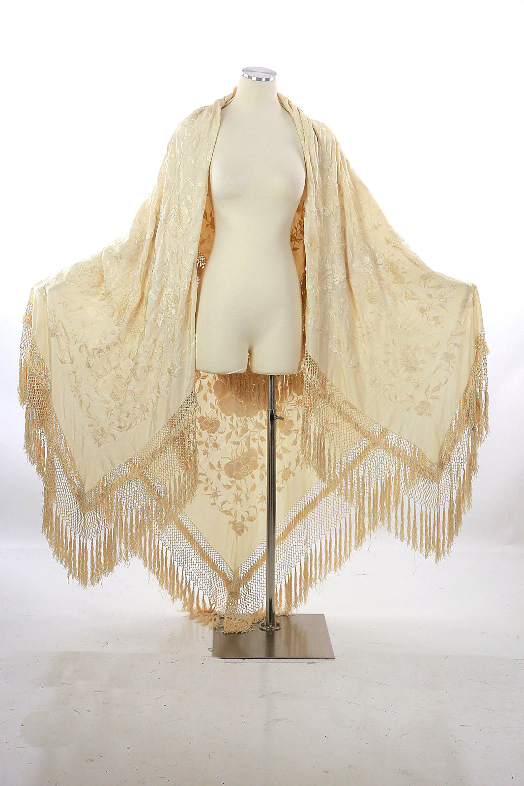 Antique Victorian large heavily embroidered floral silk piano shawl cream white