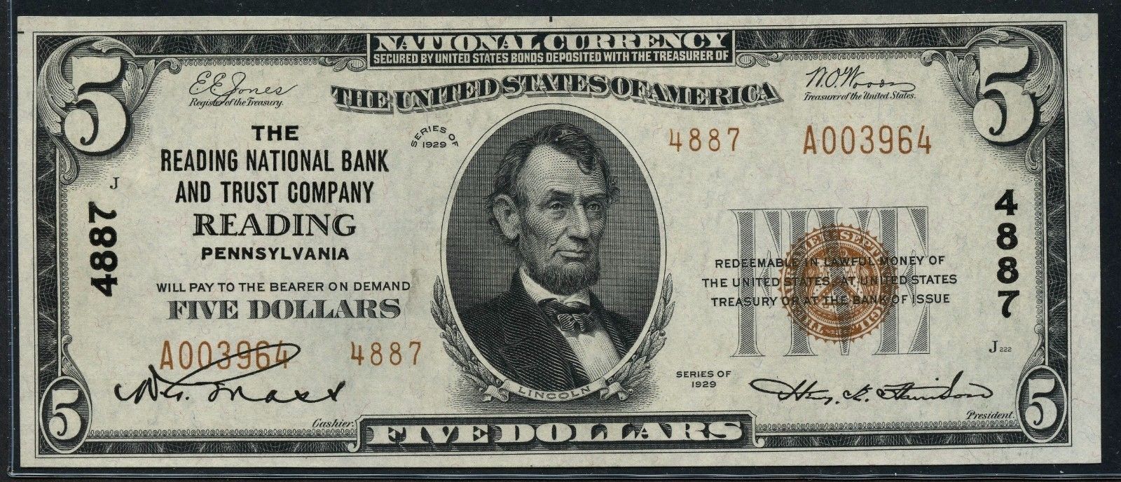 FR1800-2 $5 READING, PA NATIONAL CURRENCY CHOICE GEM UNC BT7695