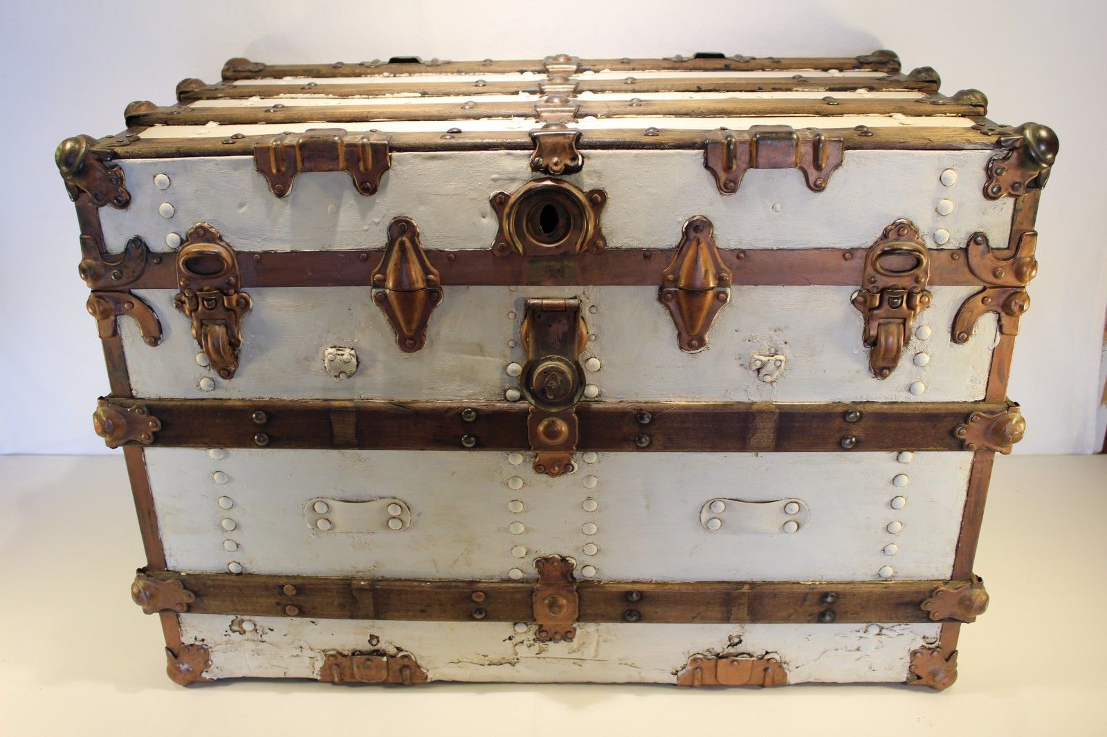 Victorian Flat Top Steamer Trunk Antique Chest w Eagle Lock No Key Brass Fitting