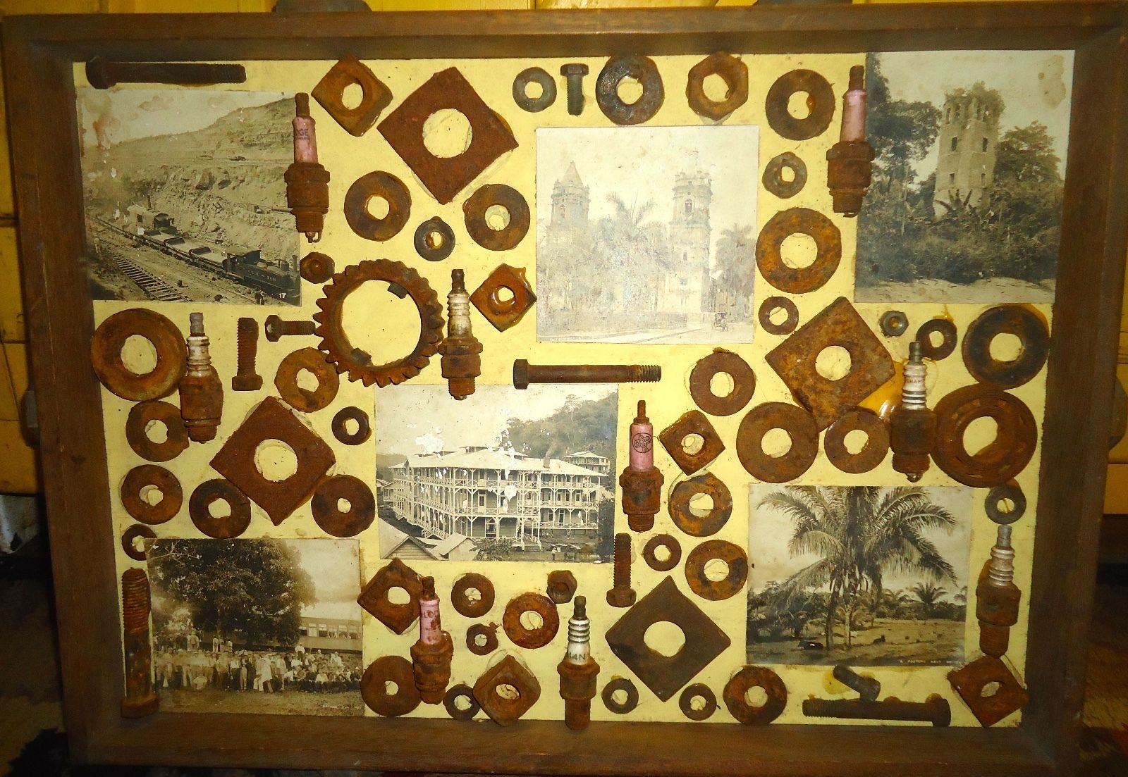 Dr John H Galey Mixed Media Shadowbox Art Rusty Washers Bolts Plugs Photographs