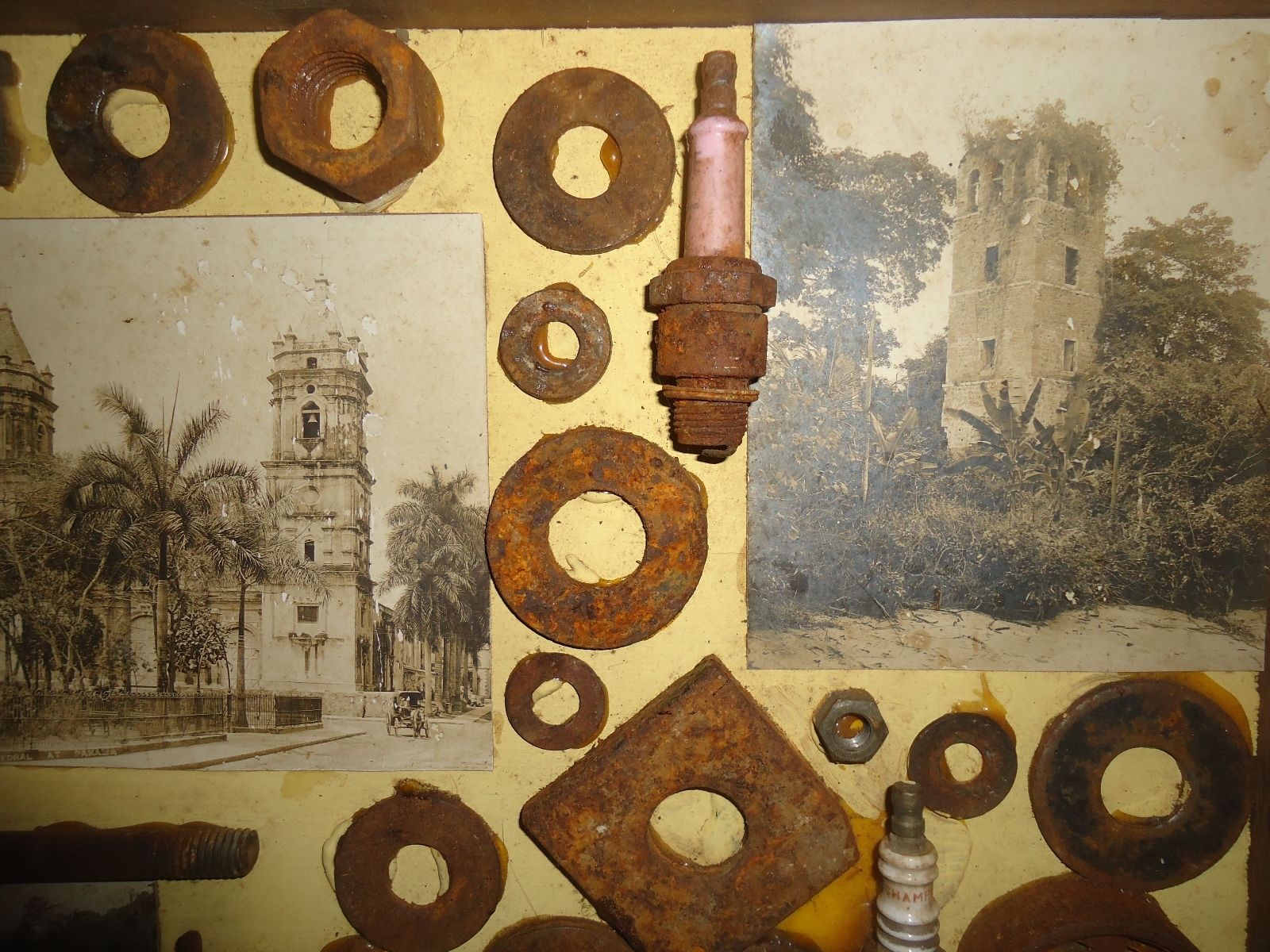 Dr John H Galey Mixed Media Shadowbox Art Rusty Washers Bolts Plugs Photographs