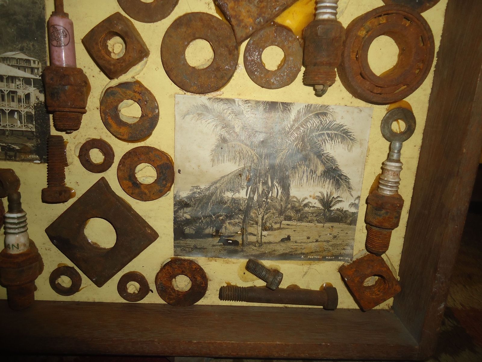 Dr John H Galey Mixed Media Shadowbox Art Rusty Washers Bolts Plugs Photographs