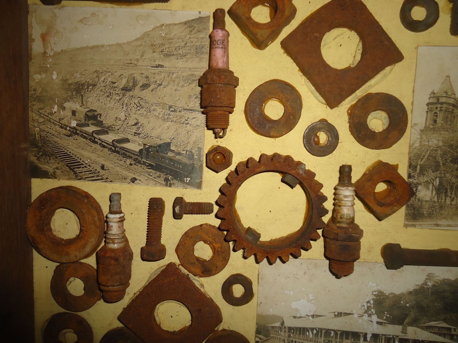 Dr John H Galey Mixed Media Shadowbox Art Rusty Washers Bolts Plugs Photographs