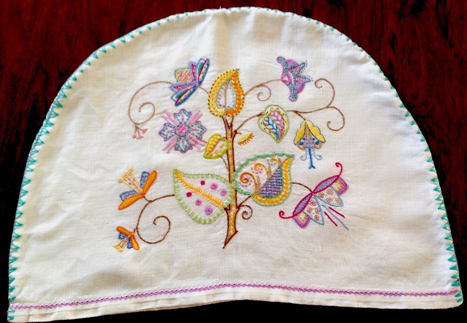 Vintage Hand Embroidered WHITE Linen Tea Cosy Cover