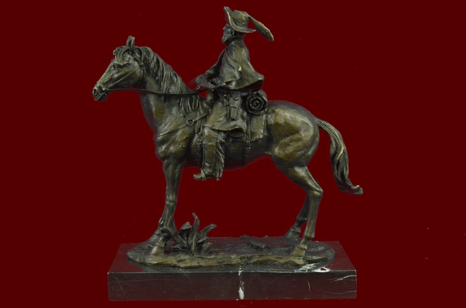 Rare Remington Tribute Hot Cast Cowboy With Riffle On Horse Art Bronze Sculpture