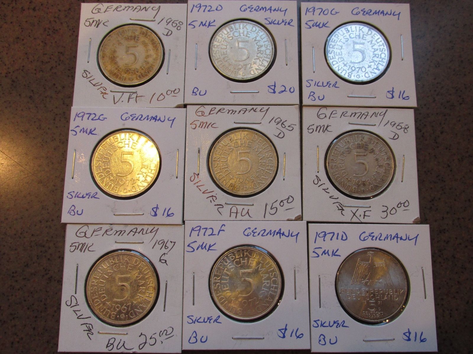 Lot of 9 Germany Silver 5 Mark Coins 1958-1972