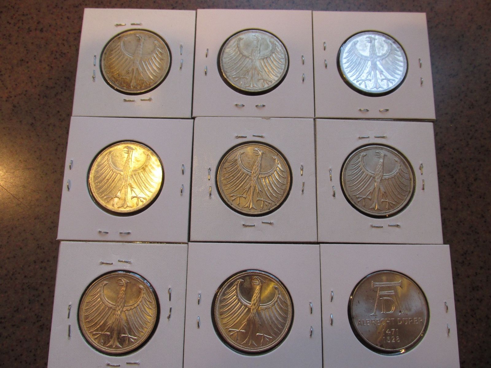 Lot of 9 Germany Silver 5 Mark Coins 1958-1972