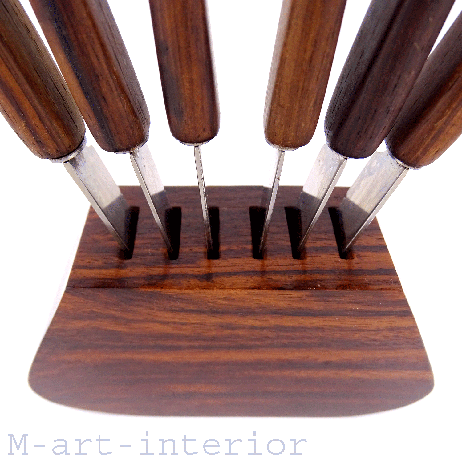 Set of 6 Walnut Fruit Knife on Block Stand Mid Century Modern Obst-Messer 1960s