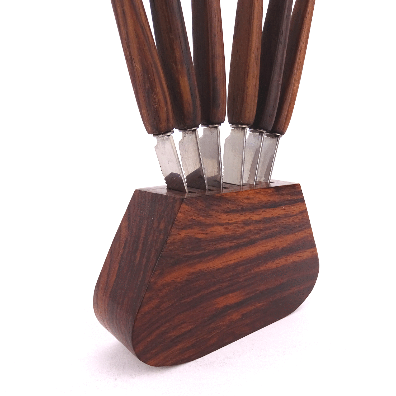 Set of 6 Walnut Fruit Knife on Block Stand Mid Century Modern Obst-Messer 1960s