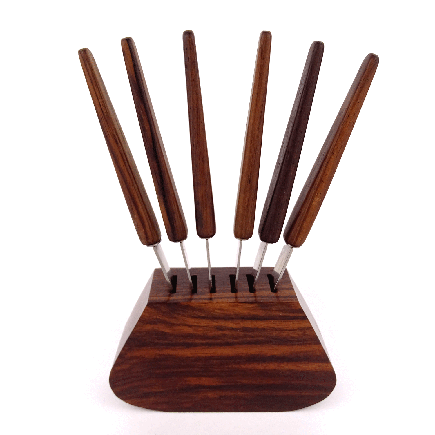 Set of 6 Walnut Fruit Knife on Block Stand Mid Century Modern Obst-Messer 1960s