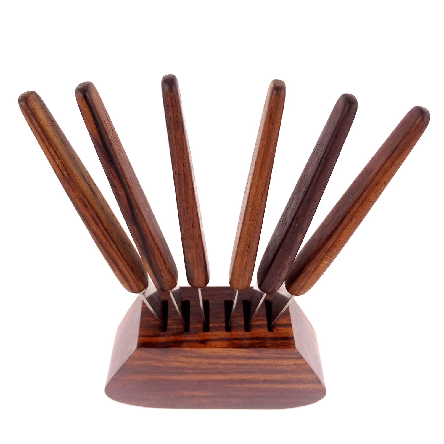 Set of 6 Walnut Fruit Knife on Block Stand Mid Century Modern Obst-Messer 1960s