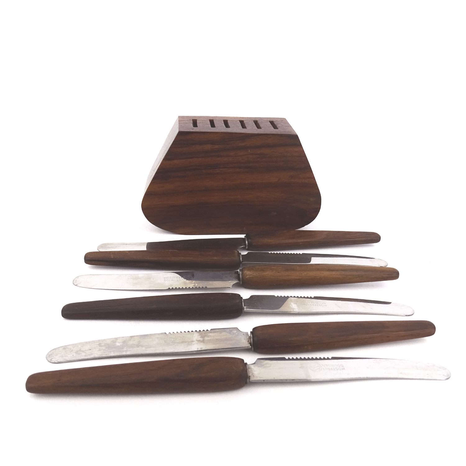 Set of 6 Walnut Fruit Knife on Block Stand Mid Century Modern Obst-Messer 1960s