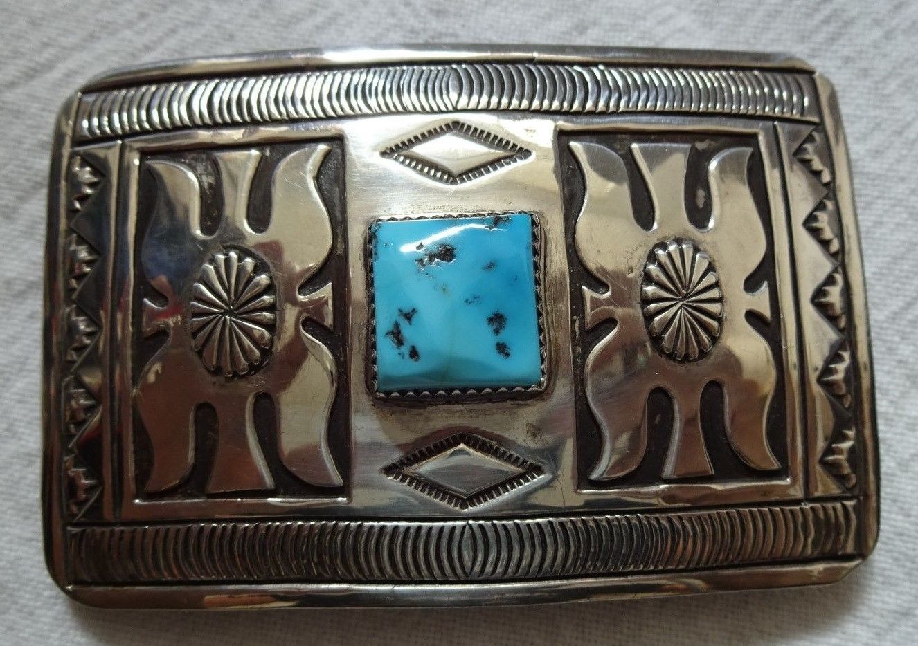 Signed Vintage NAVAJO Hand-Stamped Sterling Silver & TURQUOISE Belt BUCKLE