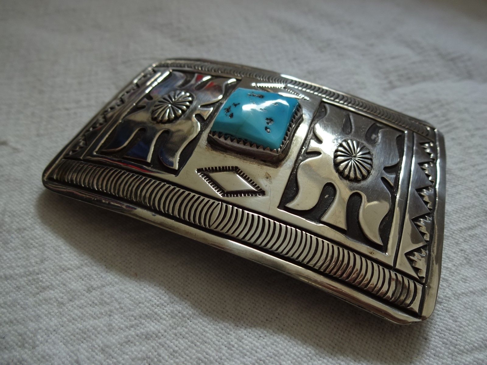 Signed Vintage NAVAJO Hand-Stamped Sterling Silver & TURQUOISE Belt BUCKLE