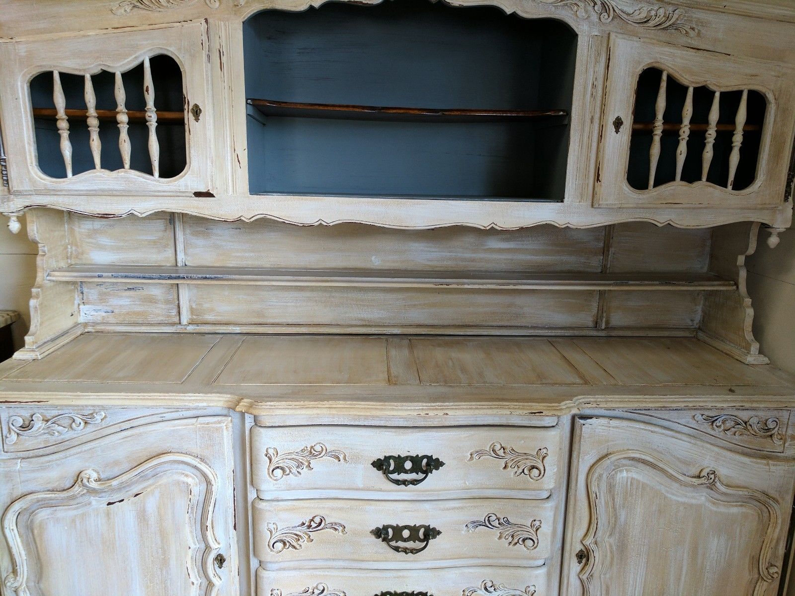 Antique French Sideboard Cabinet Hutch Hand Painted Distressed W 85" x H 81"