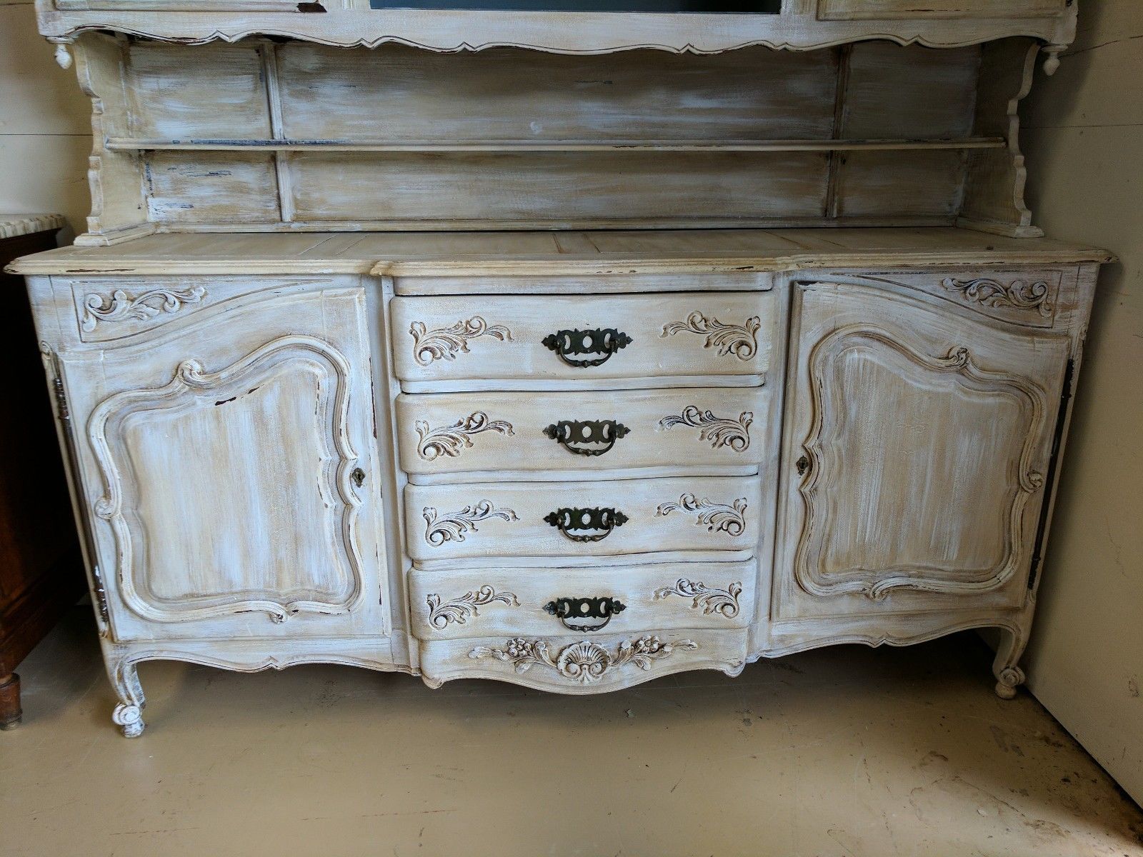 Antique French Sideboard Cabinet Hutch Hand Painted Distressed W 85" x H 81"