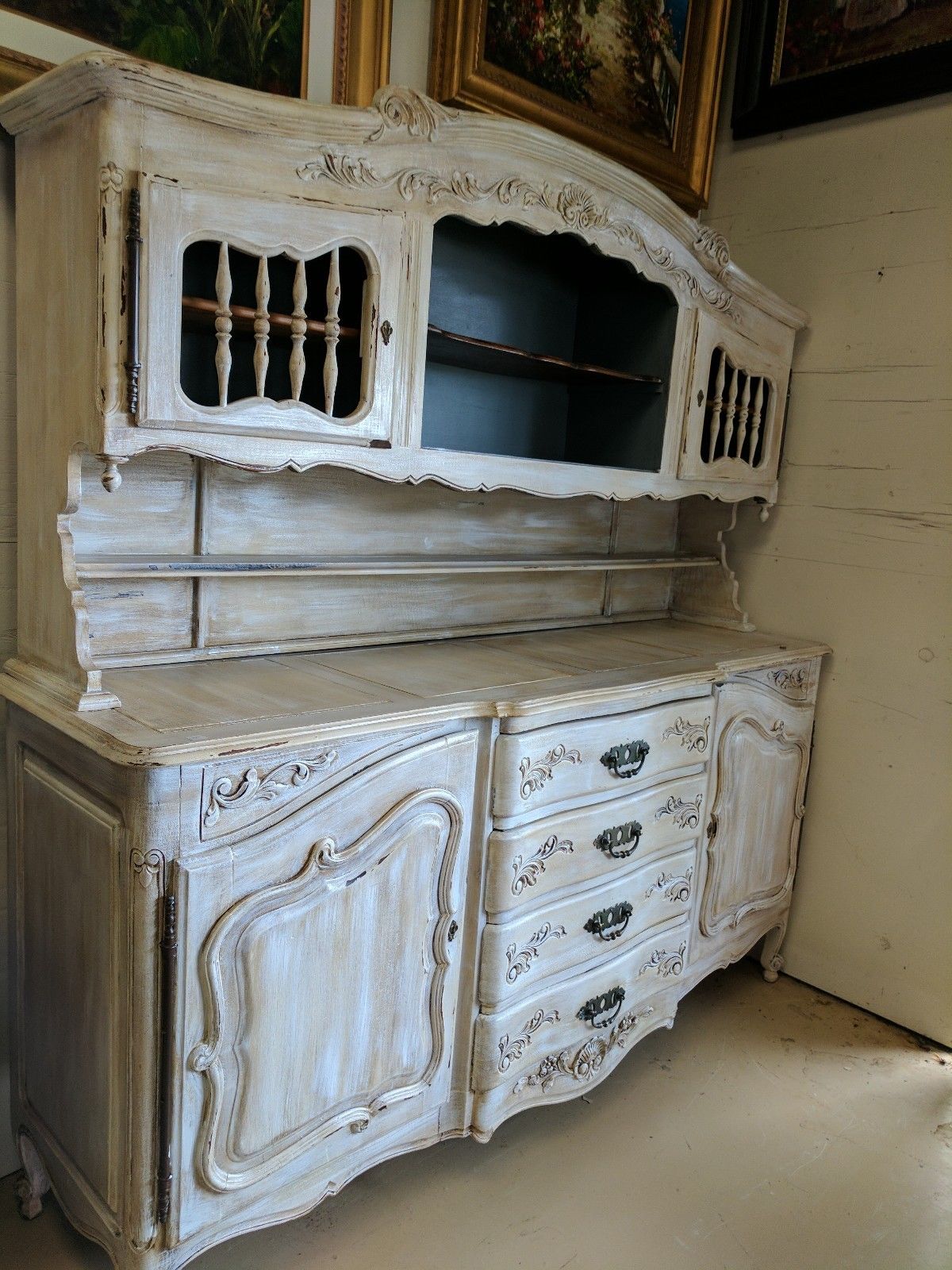 Antique French Sideboard Cabinet Hutch Hand Painted Distressed W 85" x H 81"