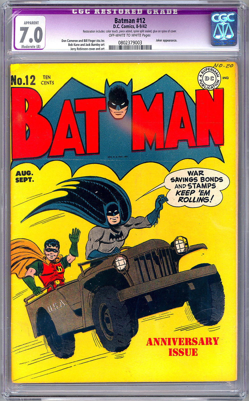 BATMAN #12 CGC 7.0 BOB KANE & JERRY ROBINSON COVER & ART JOKER APP RESTORED 1942