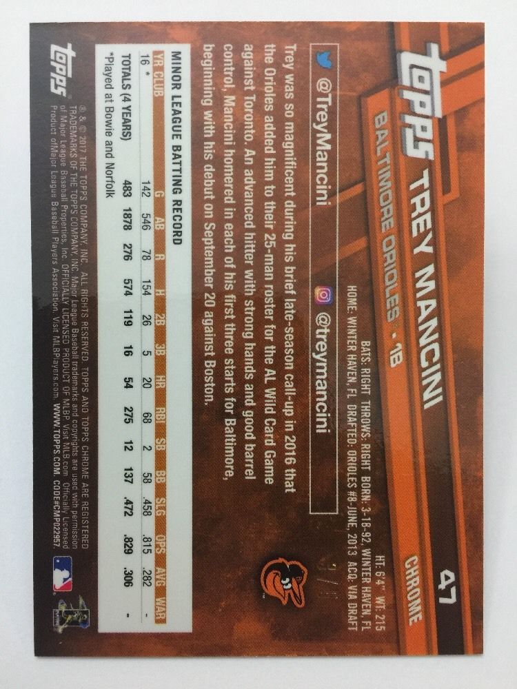 Trey Mancini RED Refractor VARIATION #3/5 2017 Topps Chrome Baseball Rookie RC