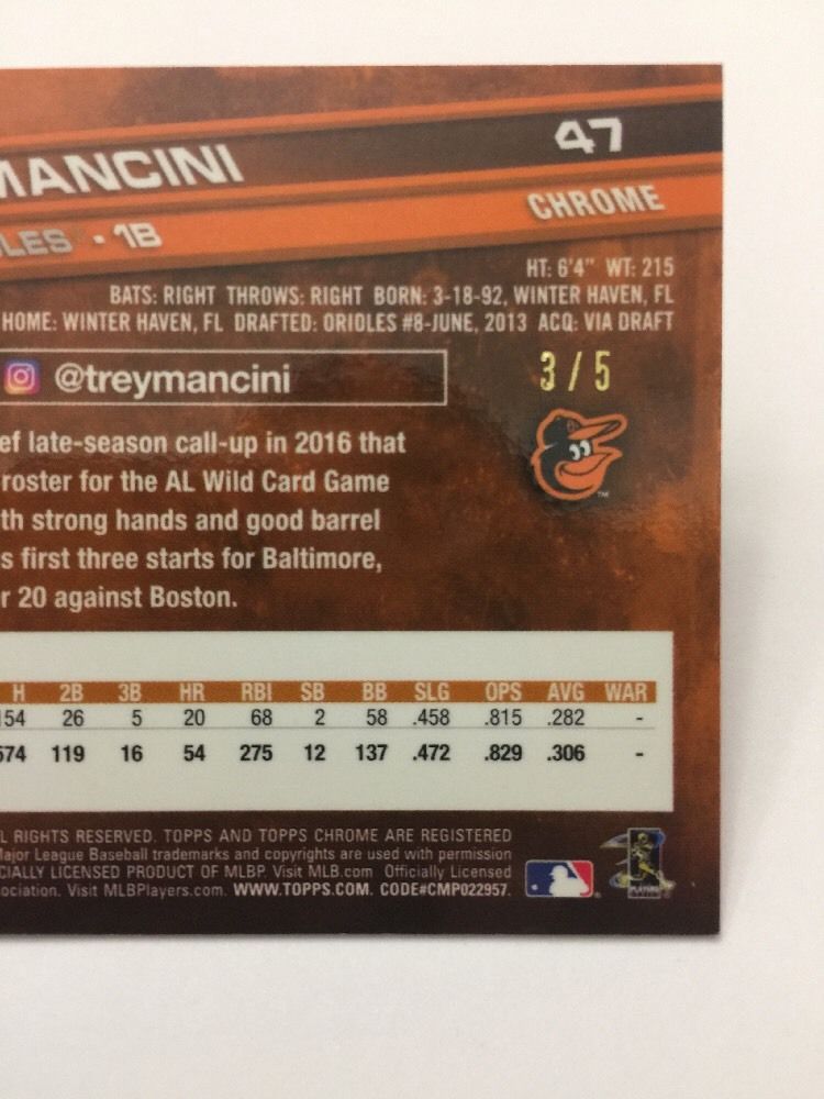 Trey Mancini RED Refractor VARIATION #3/5 2017 Topps Chrome Baseball Rookie RC