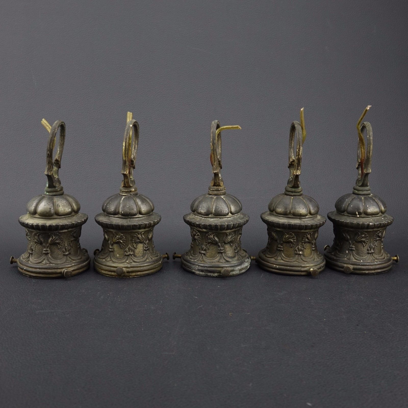 5 Antique Hanging Shade Holders Cast Art Nouveau Chandelier Sconce Socket c1909