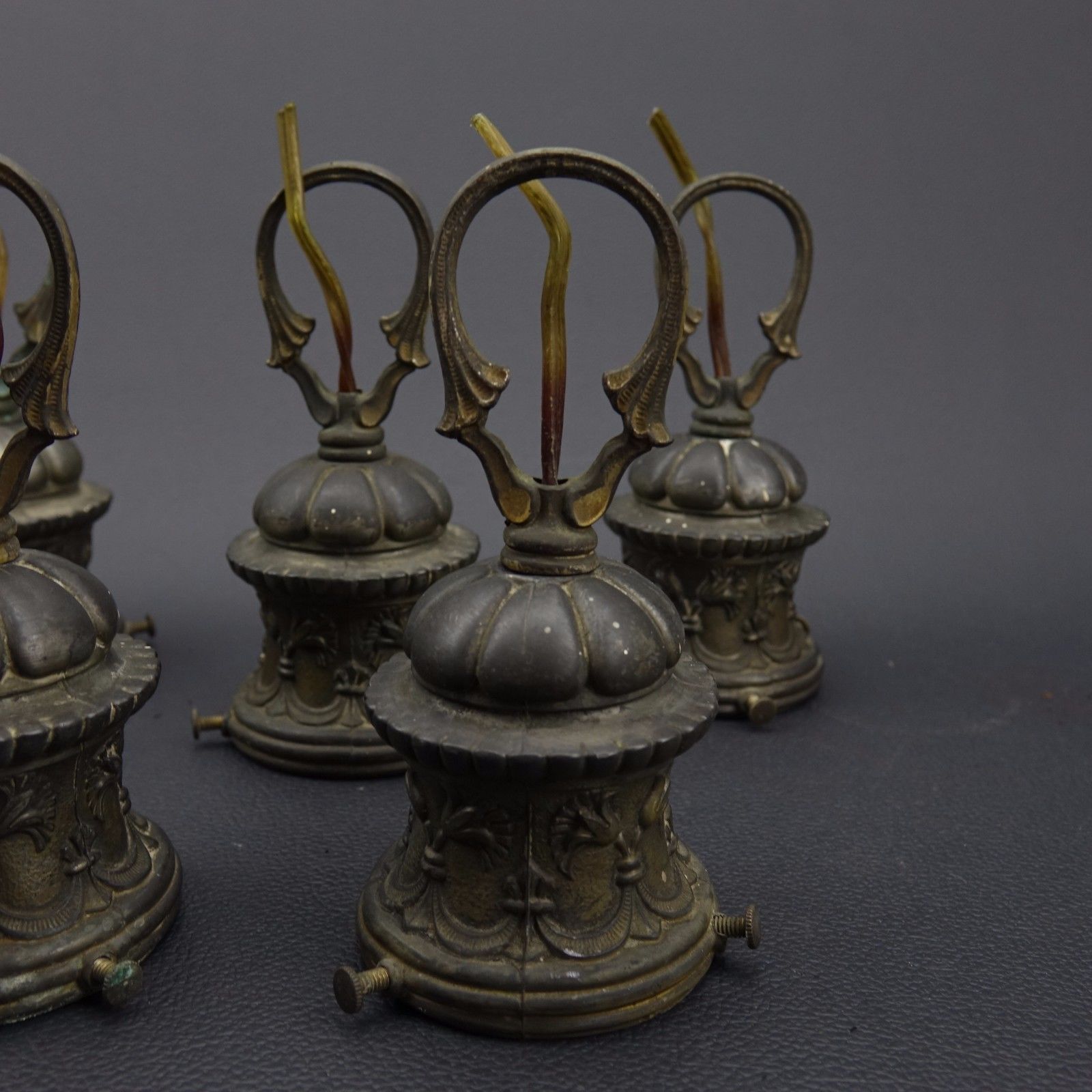 5 Antique Hanging Shade Holders Cast Art Nouveau Chandelier Sconce Socket c1909