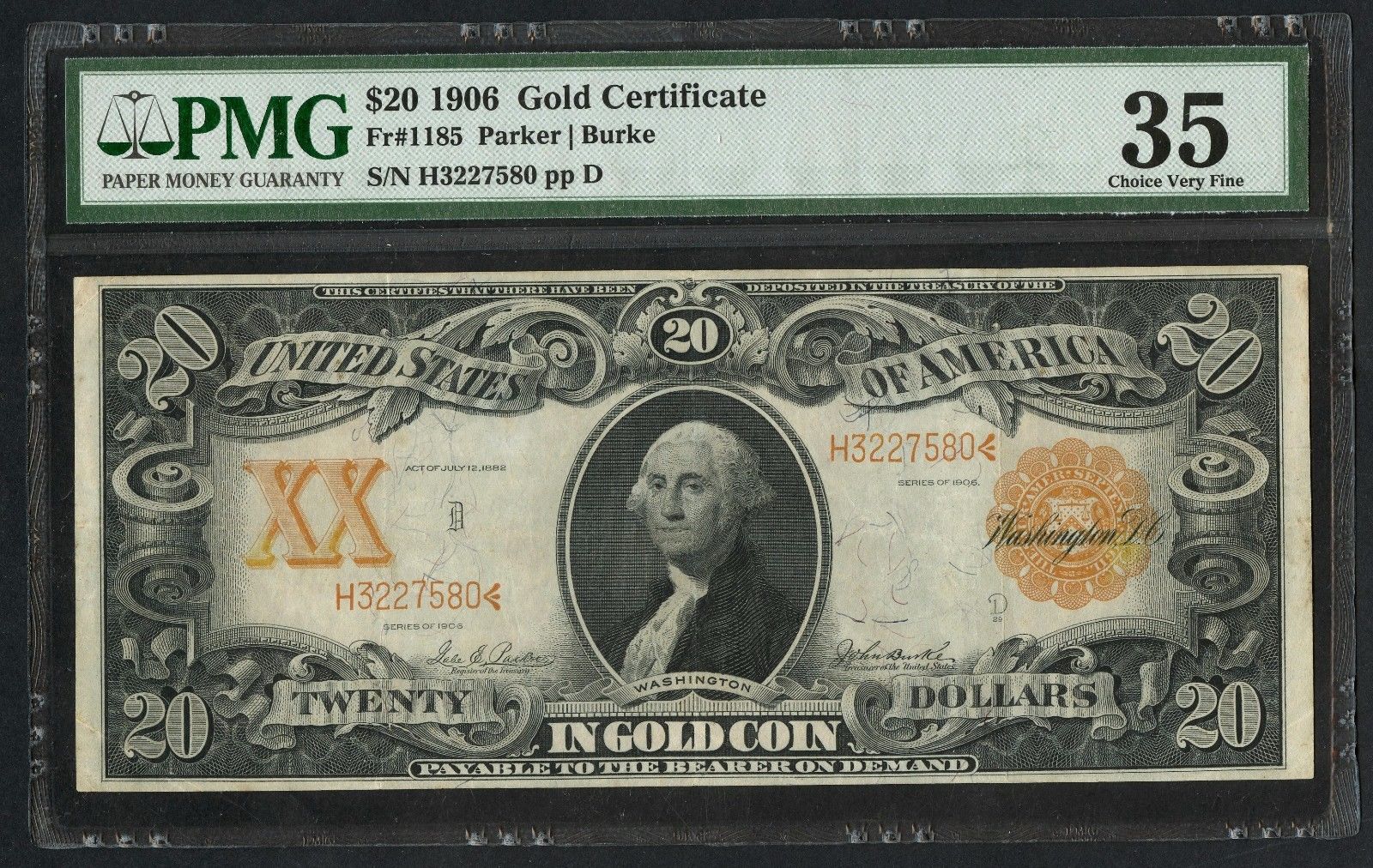 FR1185 $20 1906 SERIES GOLD CERTIFICATE PMG 35 CHOICE VF HW2945