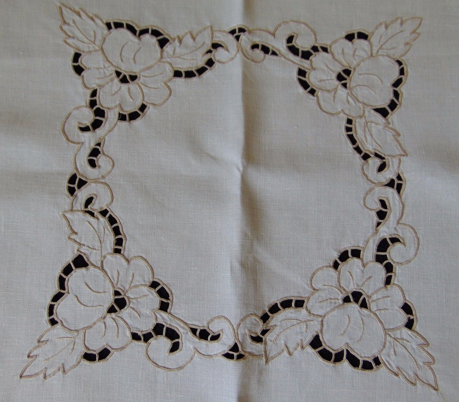 VINTAGE UNUSED IRISH LINEN MADEIRA HAND EMBROIDERED TABLECLOTH  - SOFT ECRU