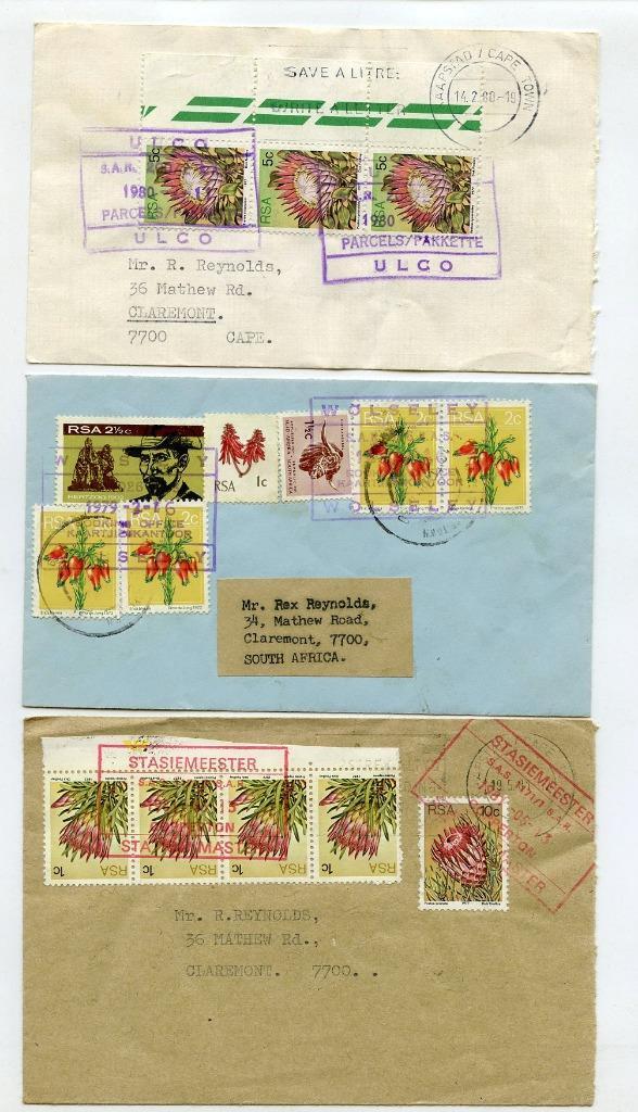 South Africa Rail Letter Post Covers x 3. Ulco, Wolseley, Copperton