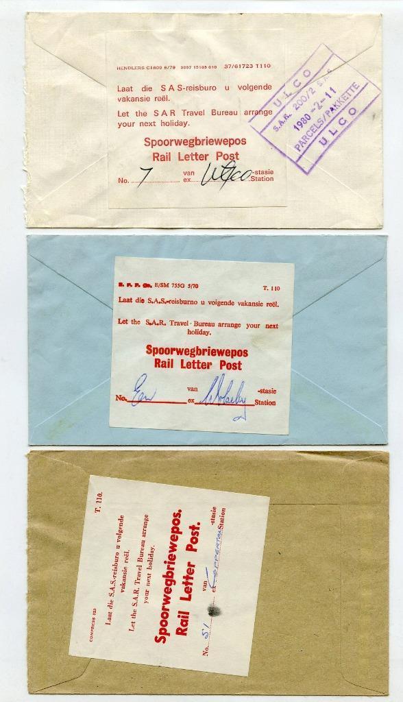 South Africa Rail Letter Post Covers x 3. Ulco, Wolseley, Copperton