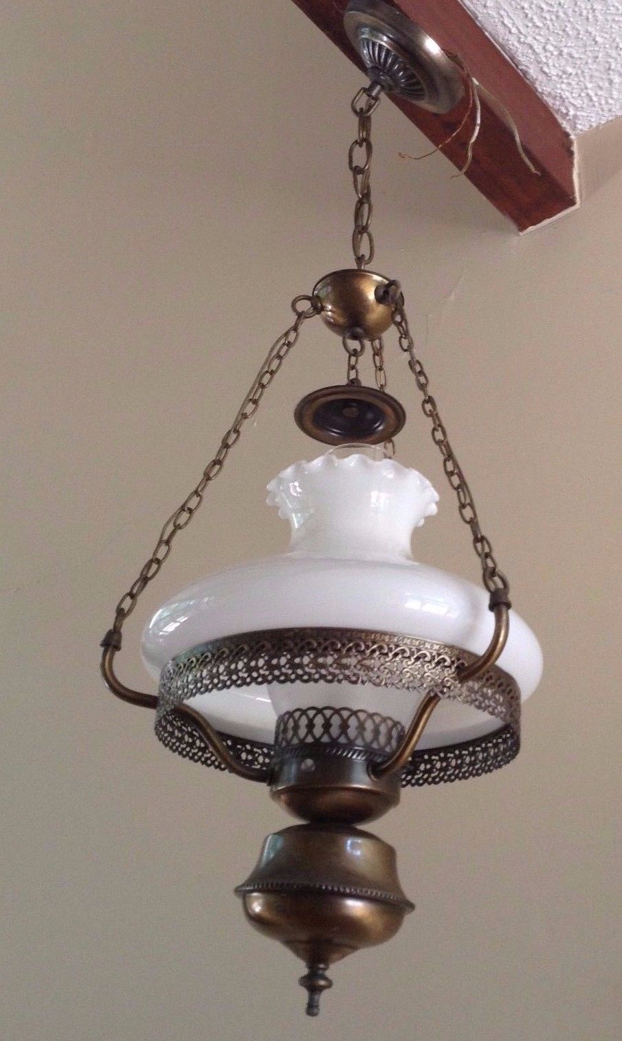 VTG Hanging Hurricane Lamp Ceiling Light Fixture Tam O Shanter Milk Glass Globe