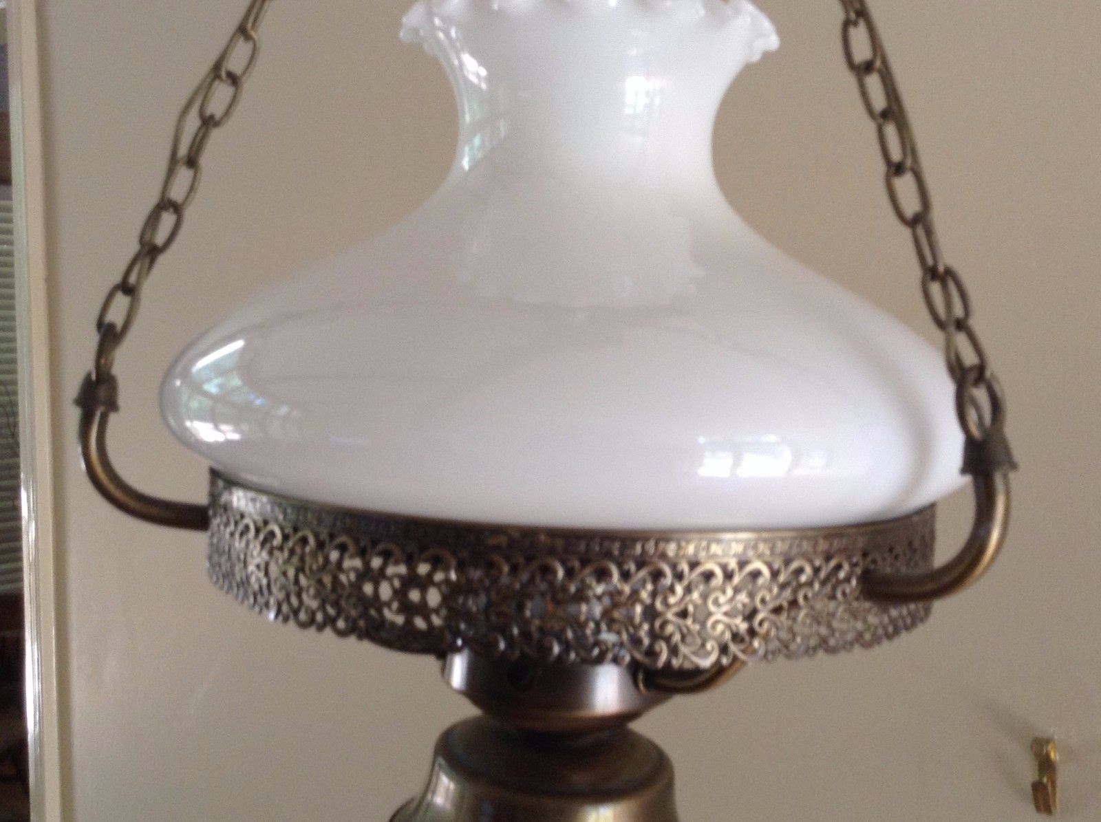 VTG Hanging Hurricane Lamp Ceiling Light Fixture Tam O Shanter Milk Glass Globe