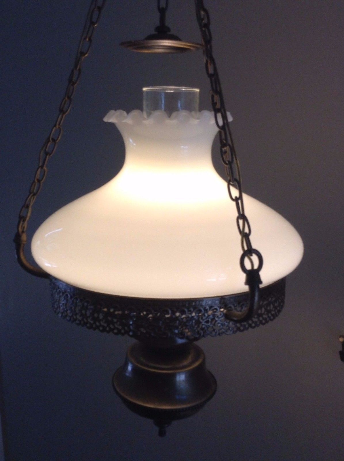 VTG Hanging Hurricane Lamp Ceiling Light Fixture Tam O Shanter Milk Glass Globe