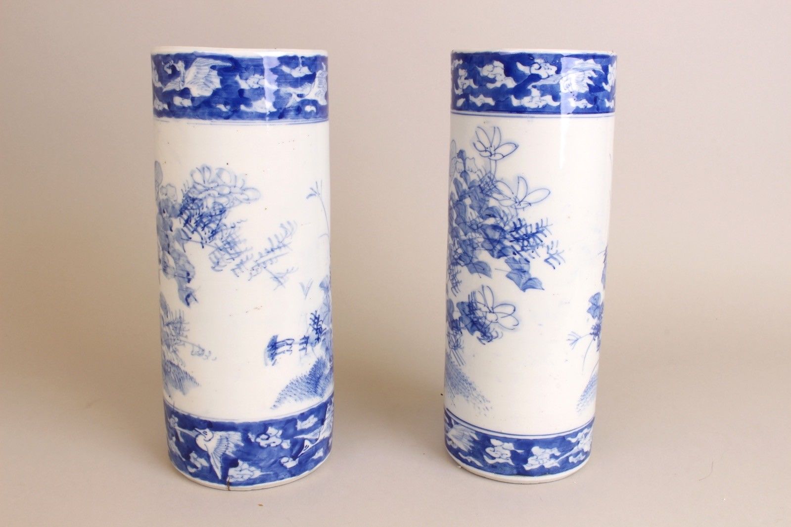 Pair of Blue and White Chinese Porcelain Republic Flower Vases, ca 1900.