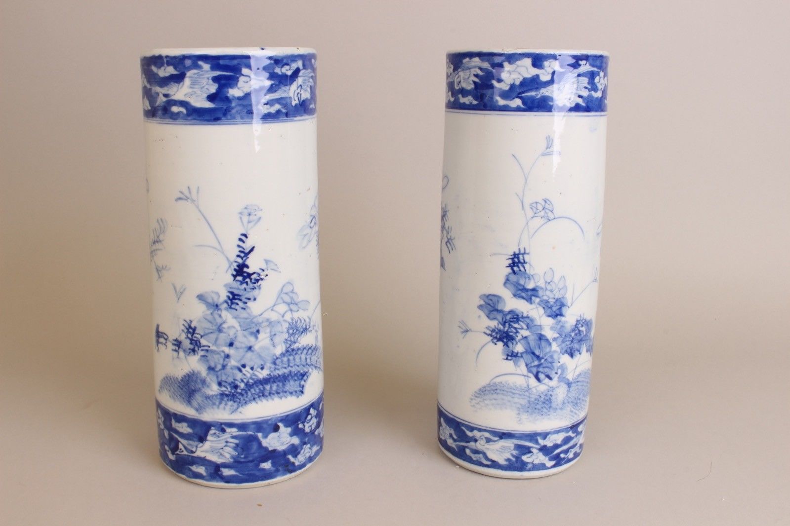 Pair of Blue and White Chinese Porcelain Republic Flower Vases, ca 1900.