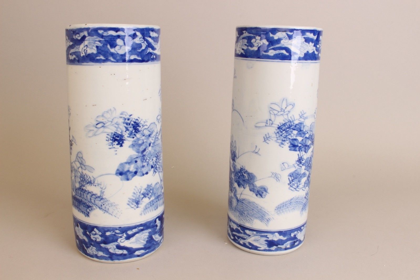 Pair of Blue and White Chinese Porcelain Republic Flower Vases, ca 1900.